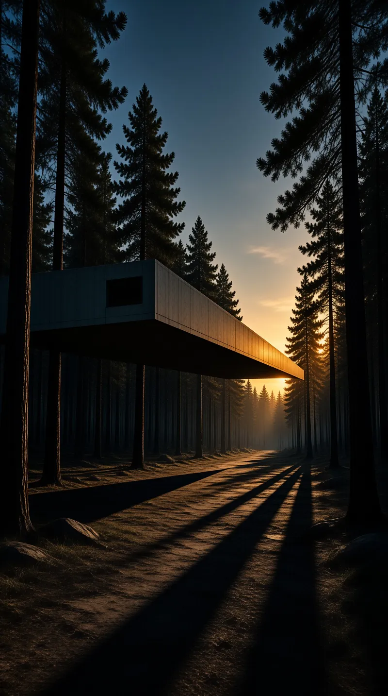 A rectangular structure floats above pine trees while low sunlight casts long shadows across the forest floor.