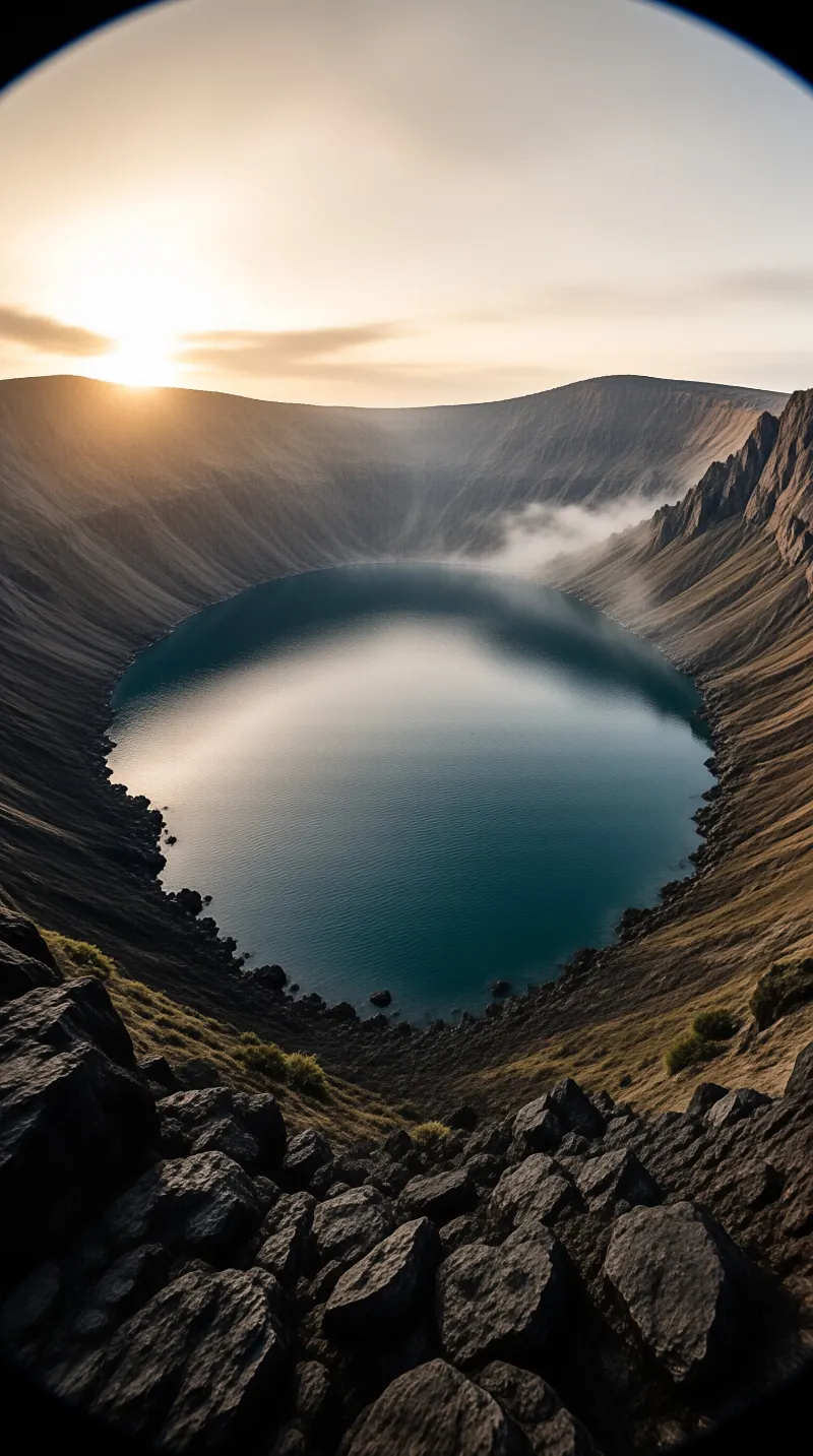 Turquoise water fills a steep volcanic basin as low sunlight reflects off the calm surface near drifting mist.