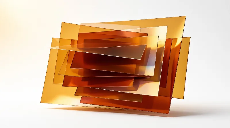 Translucent amber rectangles stack at angles on a white surface casting soft shadows to form a geometric shape.