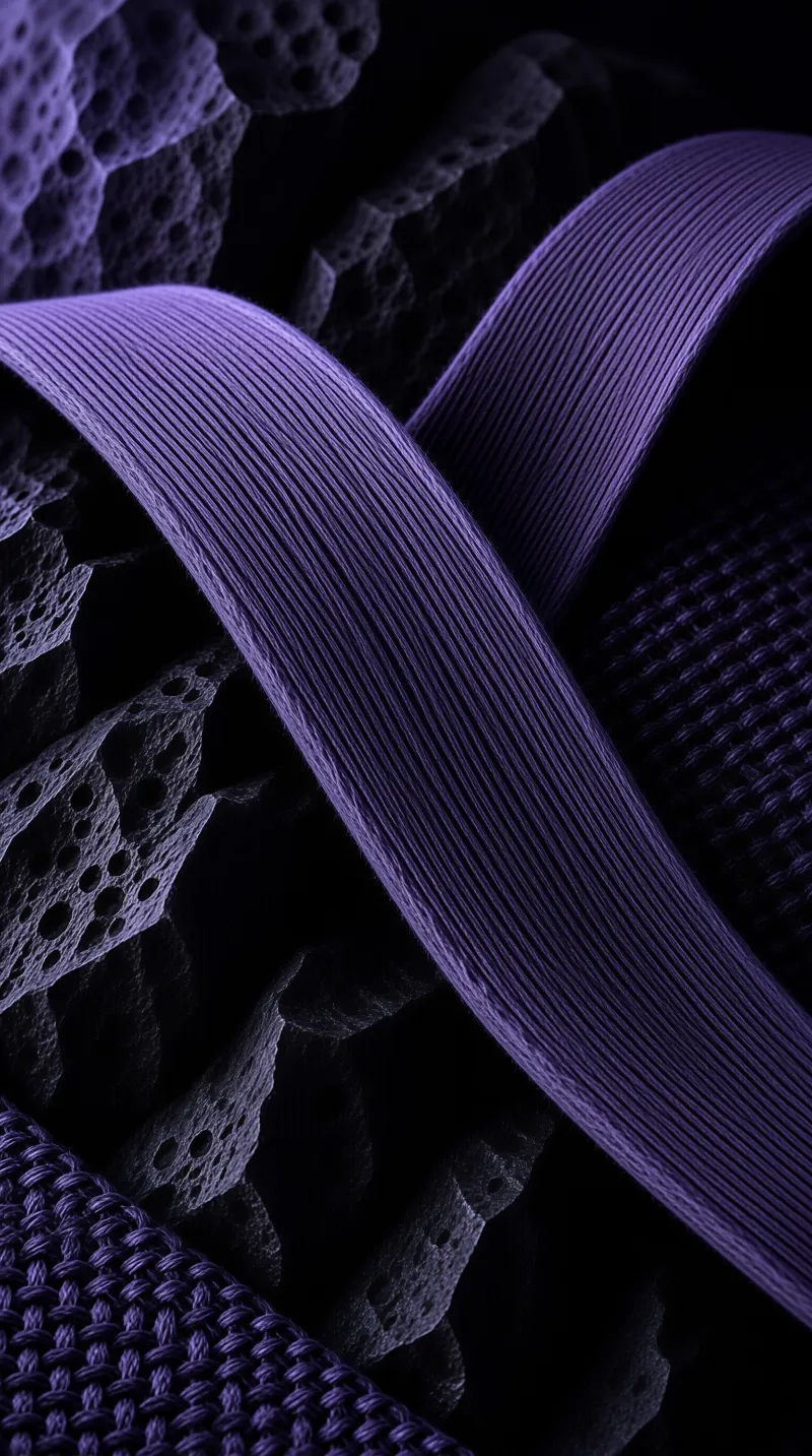Close macro of fine purple fibres crossing dark porous cells with deep shadow between.