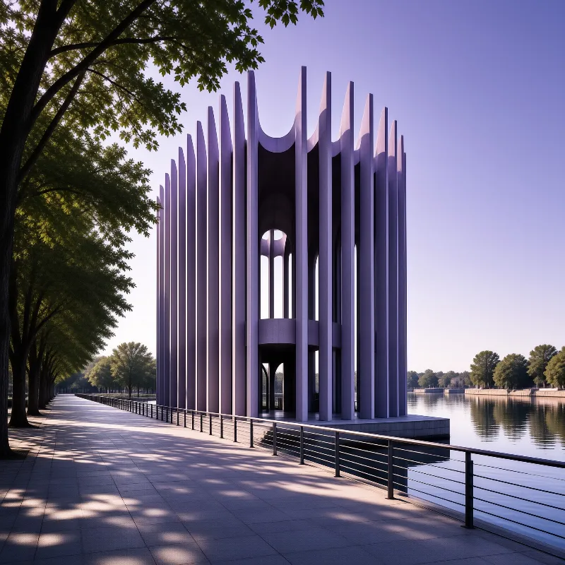 A pale purple modern sculpture stands on a concrete platform beside a calm river with trees lining a walkway in soft light.