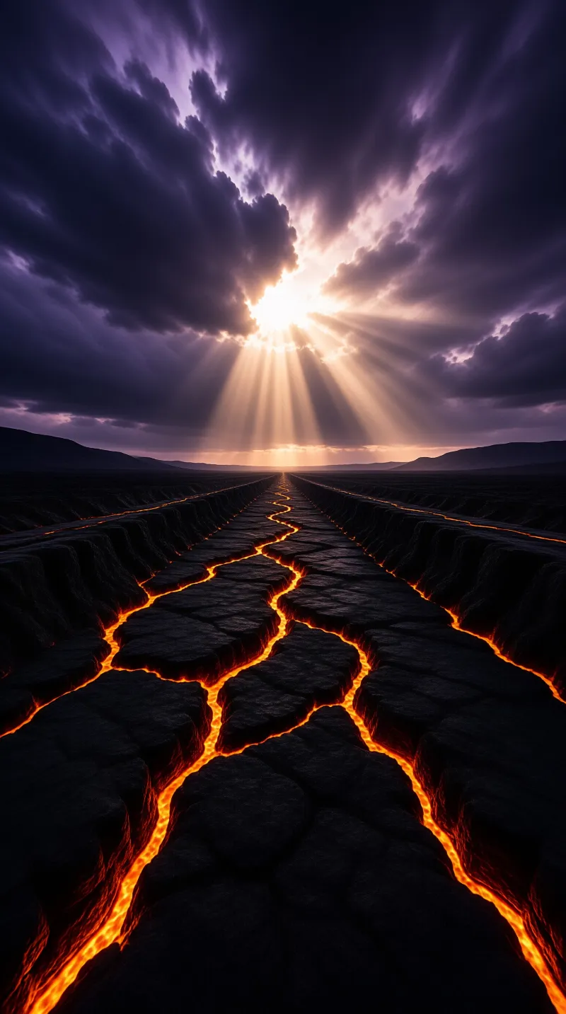 Dark jagged rocks split by bright orange magma channels leading toward a brilliant sunburst breaking through heavy purple clouds.