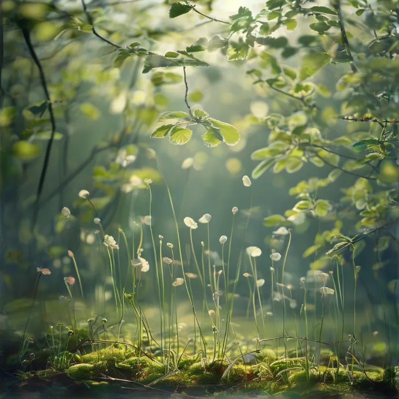 Sunlight streams through a leafy canopy illuminating small ferns and moss on the forest floor in soft green tones.
