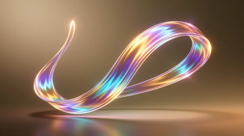 An iridescent twisted ribbon loops gracefully above a reflective surface within a softly lit neutral setting.