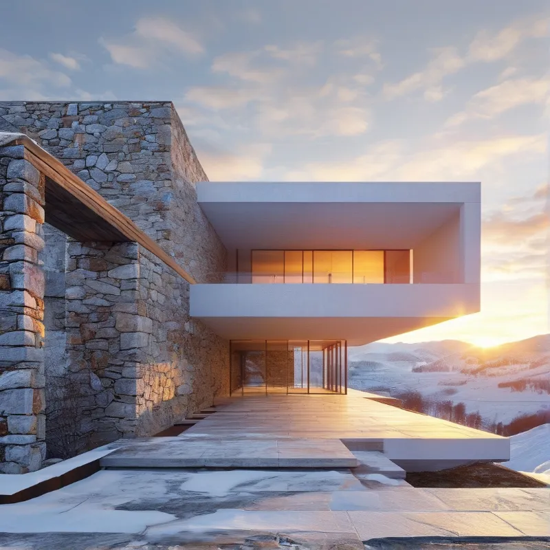 A modern stone residence with large glass balconies overlooks rolling snow-covered hills during golden hour sunlight.