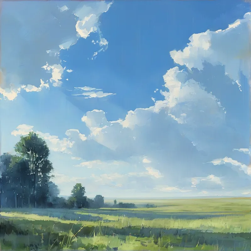 Bright blue sky with white clouds sits above green fields and trees illuminated by sunbeams.