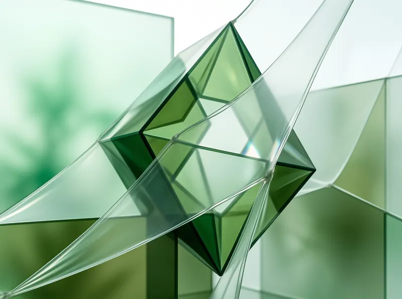 Intersecting translucent green structures create a complex abstract pattern with soft lighting and sharp edges.