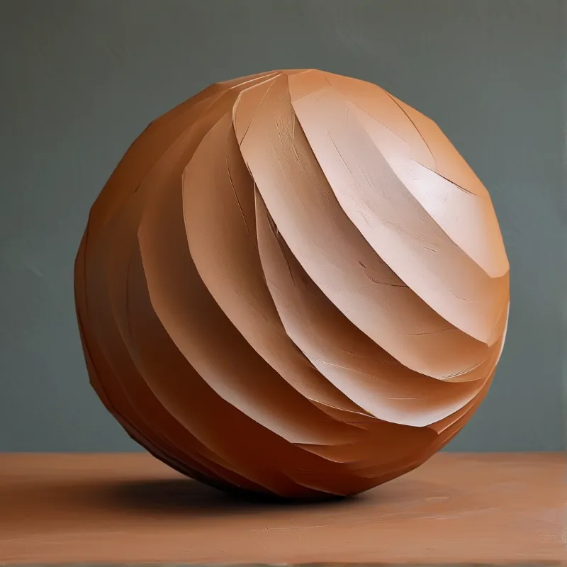 A hand sculpted clay ball with layered facets rests on a warm table before a gray wall.