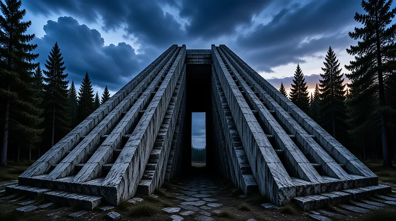 Massive parallel stone beams form a monumental archway within a dimly lit coniferous forest at dusk.