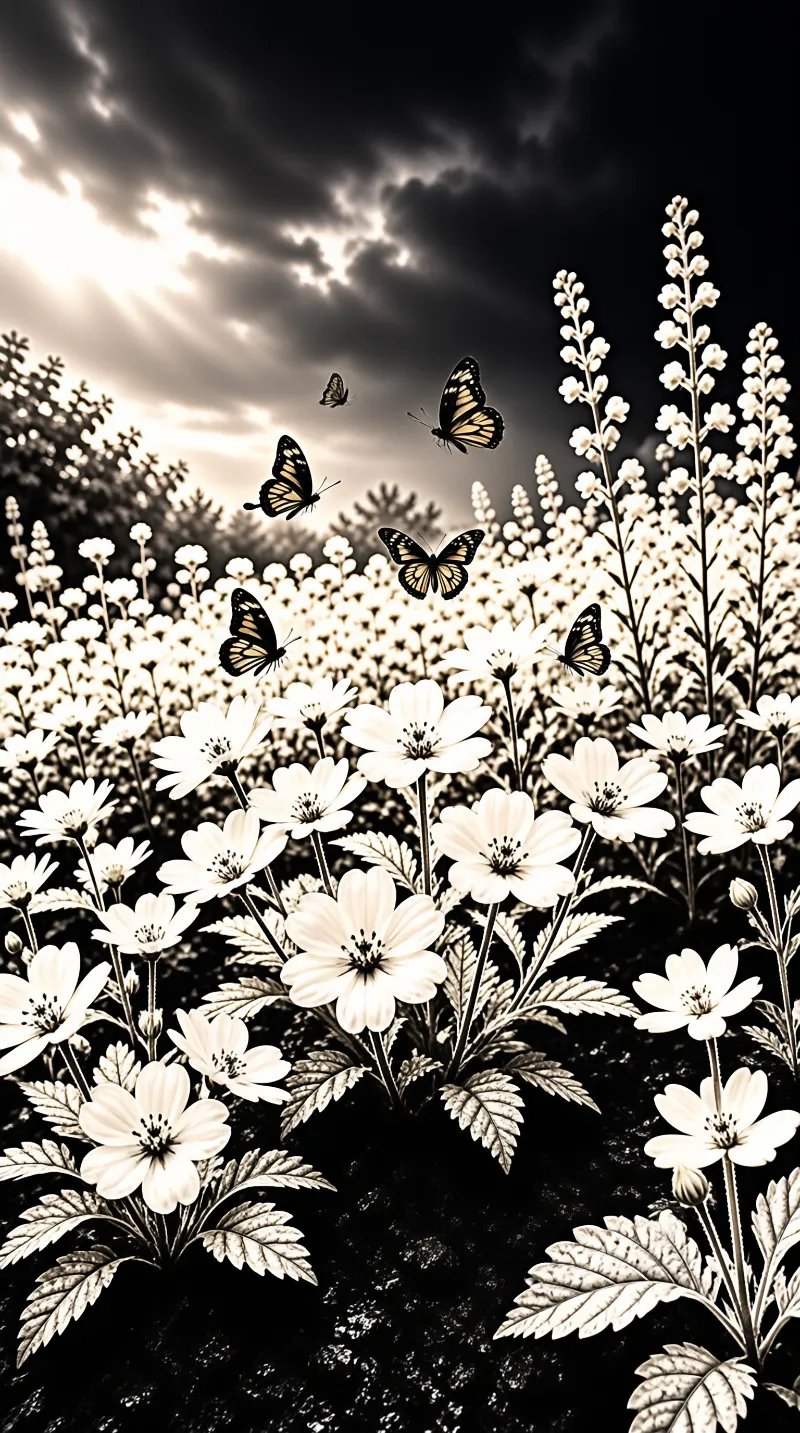 Sepia tone field of white cosmos flowers with butterflies flying beneath dramatic sunbeams piercing dark clouds.