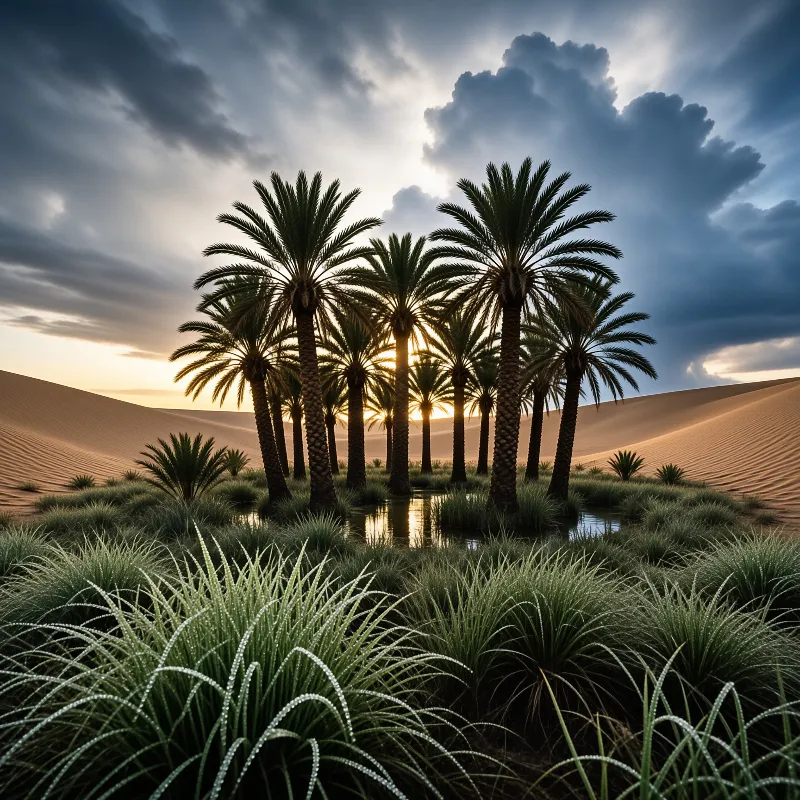 Tall palms gather around a reflecting pool at the base of rippled dunes under a stormy golden sunset.