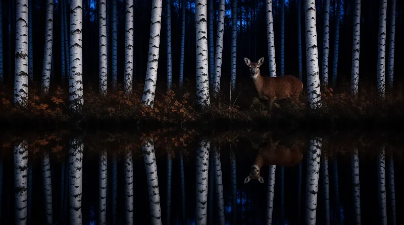 A red deer pauses among pale birch trunks at blue dusk its figure doubled in a dark mirror of standing water.