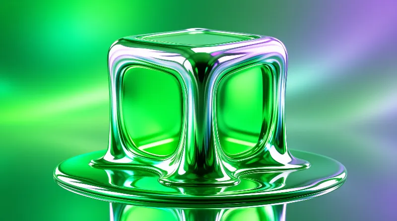 A glossy cubic form sits on a reflective disc against a blurred green and purple gradient backdrop with bright highlights on its curved edges.