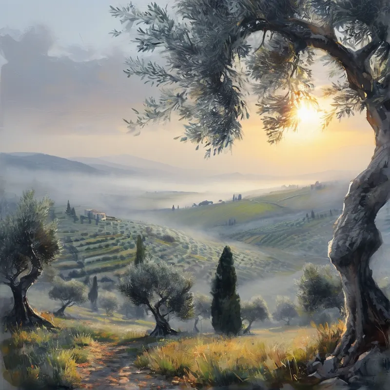 A gnarled tree trunk frames misty rolling hills and scattered cypress trees illuminated by soft golden morning light.