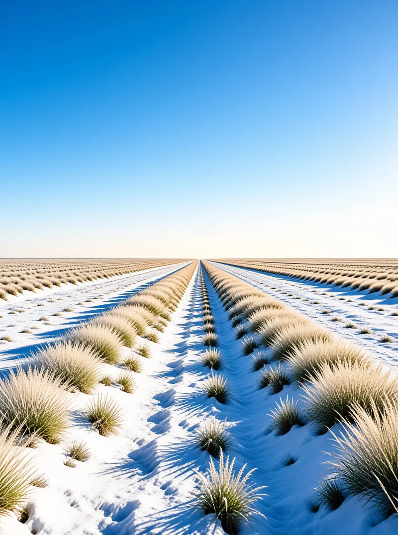 Parallel lines of dry grass clumps emerge from a deep snow cover stretching endlessly toward a clear blue horizon under bright daylight that casts long shadows