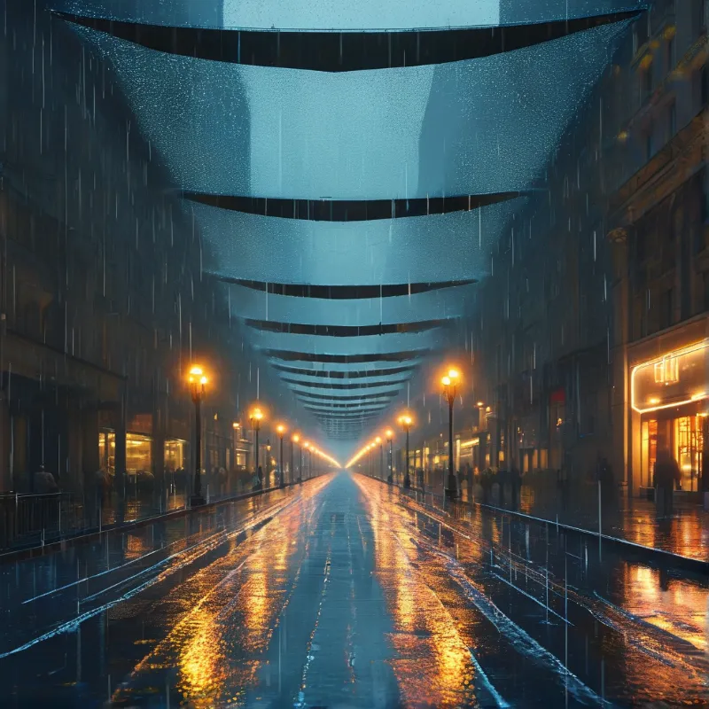 A rainy street stretches into the distance, with fabric canopies above and warm streetlight glinting on the wet paved ground.