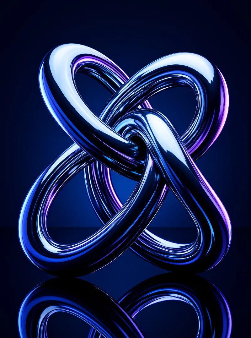 A polished looping sculpture reflects deep blue and violet highlights on a dark mirror floor.