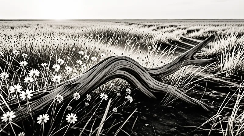 A silvered log bends like an arch across dark soil while pale daisies and tall grass fill a flat plain in monochrome.