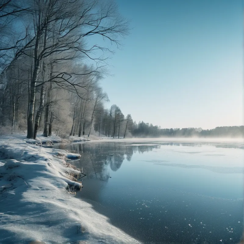Rime coated trunks lean over a glassy river where thin mist rises from the ice edged bank in clear blue light.