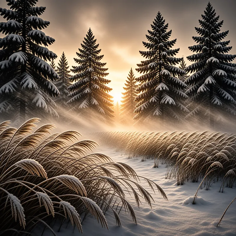 A snowy landscape featuring tall evergreen trees and dry reeds illuminated by a bright sun rising through the misty forest.