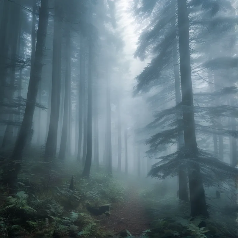 A narrow dirt trail winds through towering conifers in cool fog, with shafts of pale daylight filtering through the canopy.