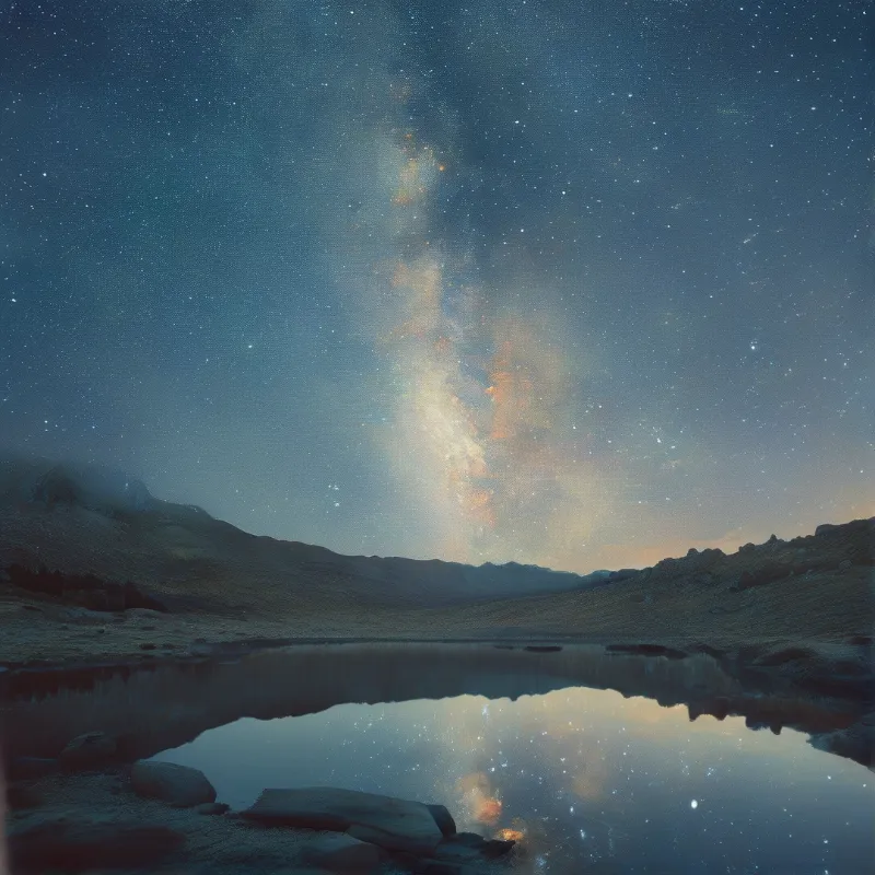 The Milky Way stretches across a starry night sky above dark mountains and reflects clearly in a calm alpine lake.