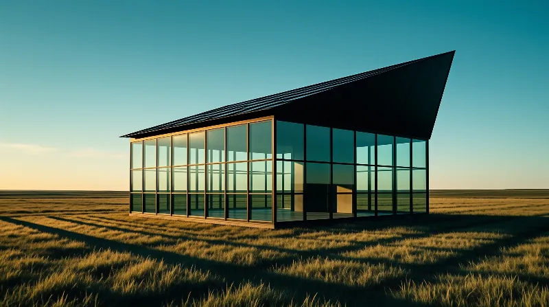 A minimalist glass single-story building rests in open grassland during golden hour beneath a clear blue sky.