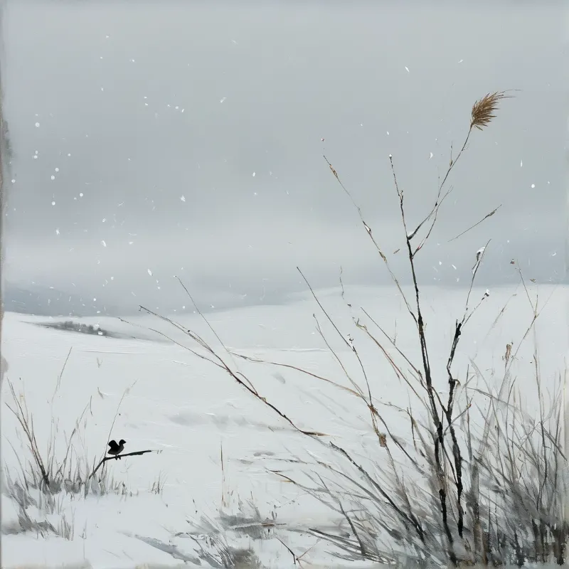 Sparse brown stalks lean over wind swept snow while a small dark bird perches low beneath a pale grey sky.