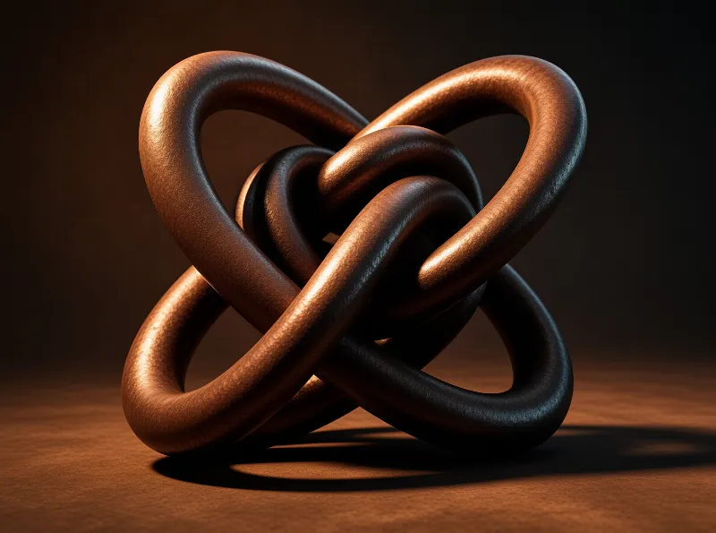 A sculpted copper knot of looping tubes gleams against a dark amber backdrop with dramatic side lighting