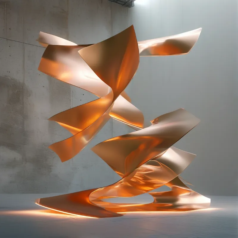 A twisted copper sculpture stands inside a gray concrete room illuminated by soft overhead light.