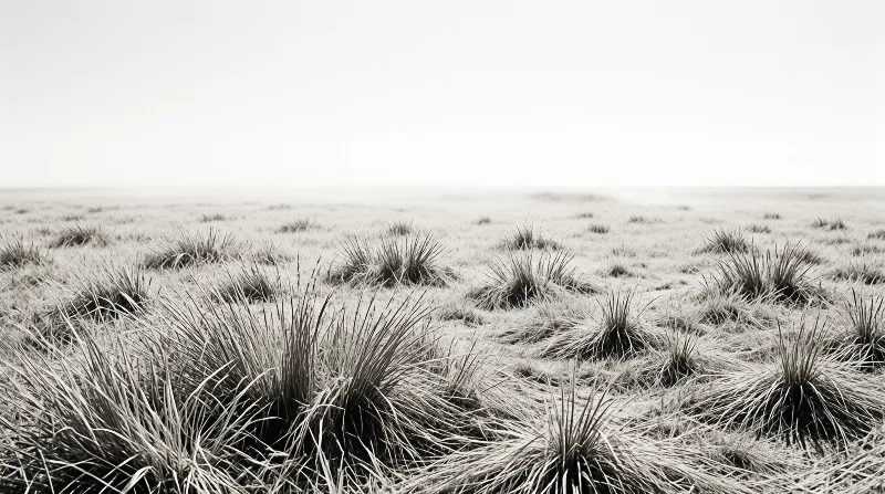 Scattered tufts of dry grass rise from sandy dunes in a monochrome landscape featuring a high horizon line and a bright expansive sky.