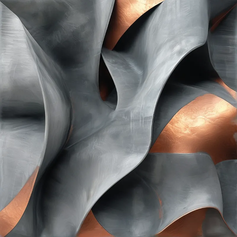 Flowing curved grey metal surfaces interweave with warm textured copper sections lit by soft directional light creating abstract sculptural depth