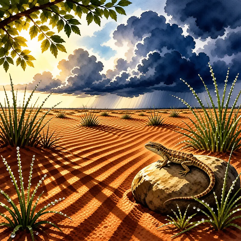 A patterned lizard perches on a rounded stone in a sandy expanse with grass tufts under a stormy sky.