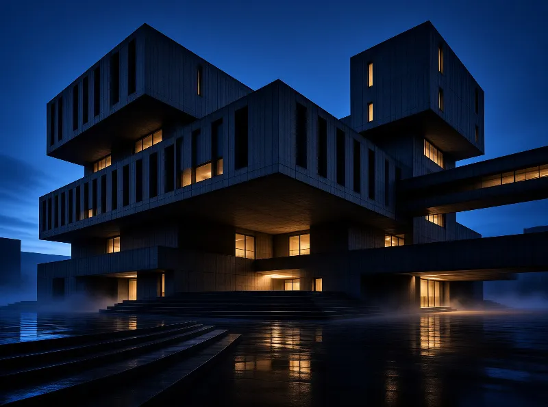 Stacked concrete volumes glow warmly against a deep blue evening while fog drifts across the reflecting pool below.