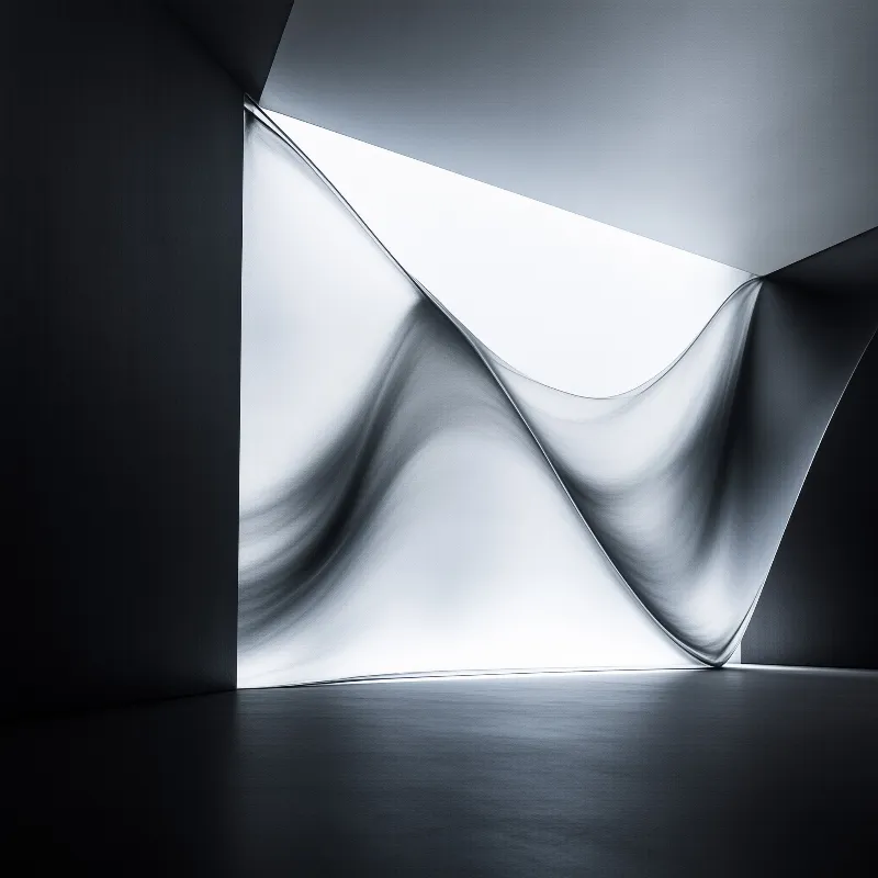 White light filters through stretched membranes inside a darkened architectural space.