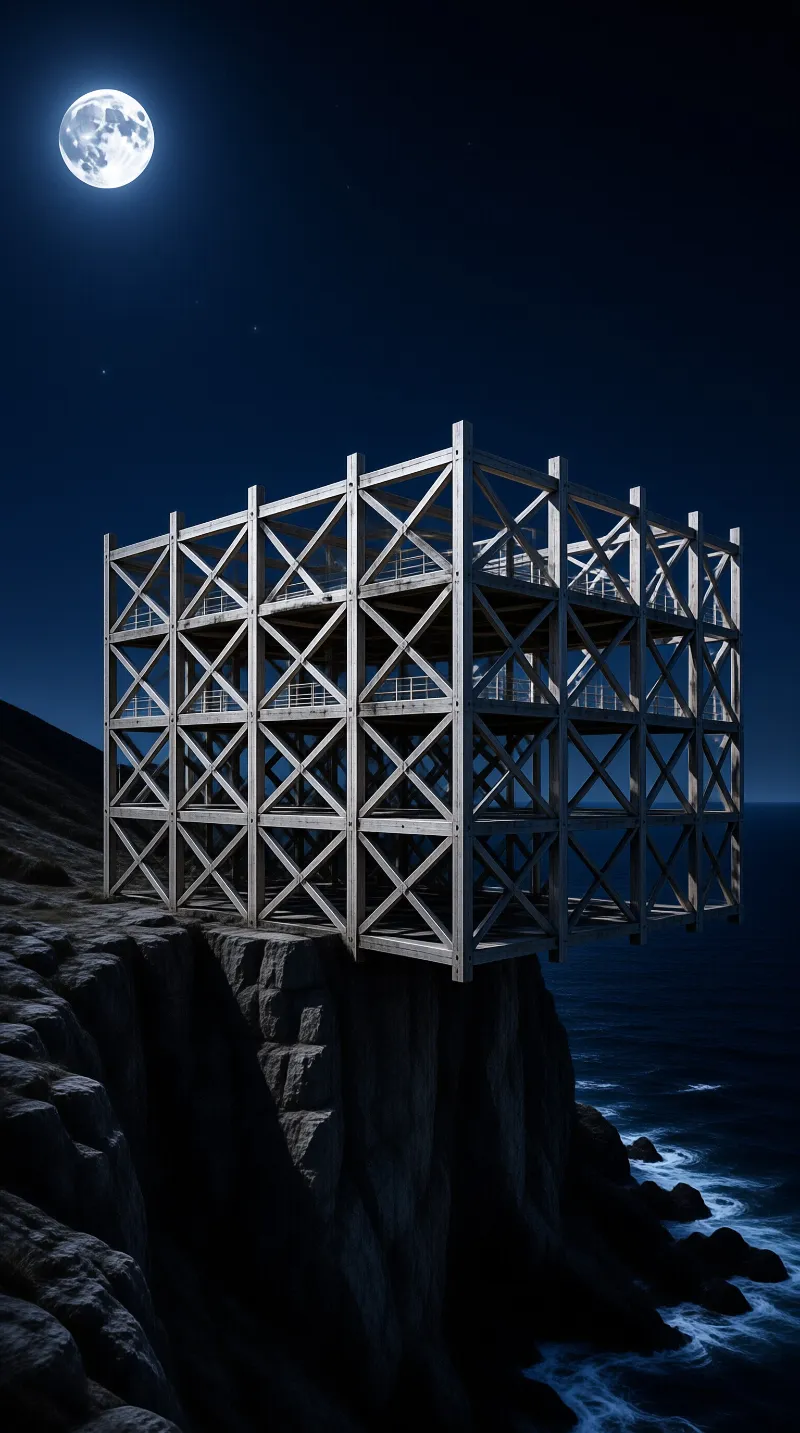 An unfinished wooden structure perches on a rocky cliff edge beneath a bright full moon.