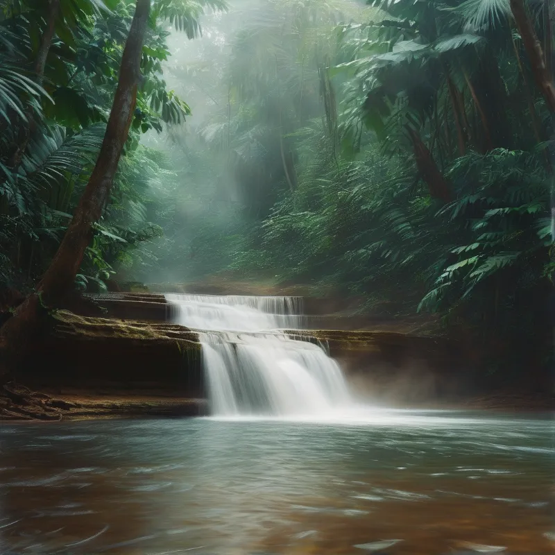 A wide waterfall flows over dark rock ledges into a calm pool surrounded by dense green tropical plants under hazy light.