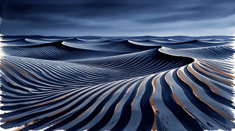 Painterly blue dunes with orange streaks flow across a dark horizon beneath a moody watercolor sky.