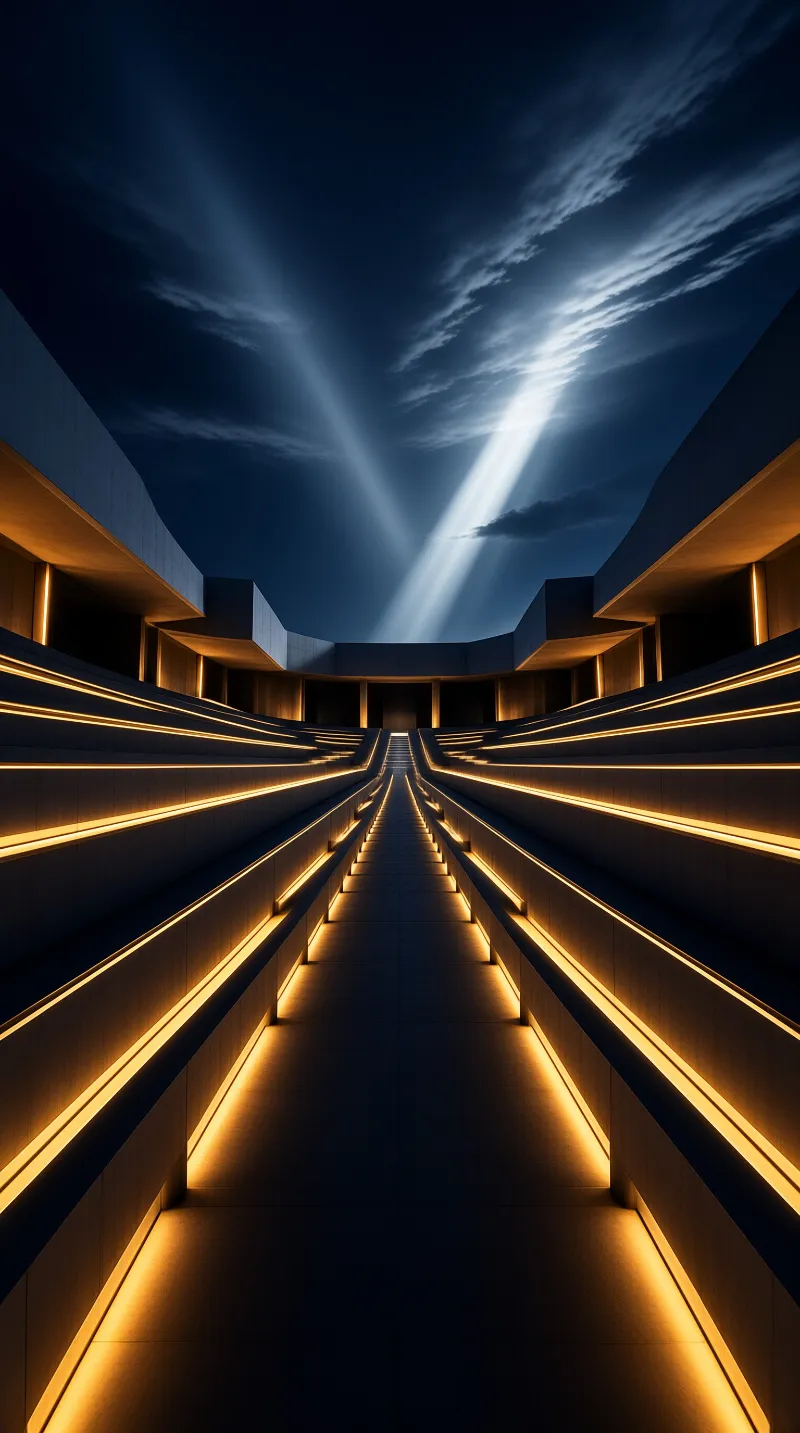 A symmetrical architectural structure displays tiered steps outlined in bright yellow light stretching into a deep blue night sky pierced by beams of white light.