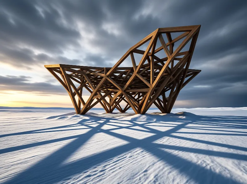 A large wooden lattice sculpture rests on a white salt flat under a dramatic cloudy sky.
