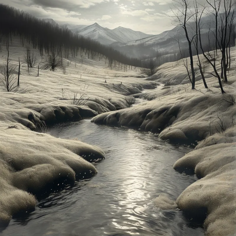 A dark stream flows through a landscape of textured snow drifts and leafless trees beneath overcast skies.