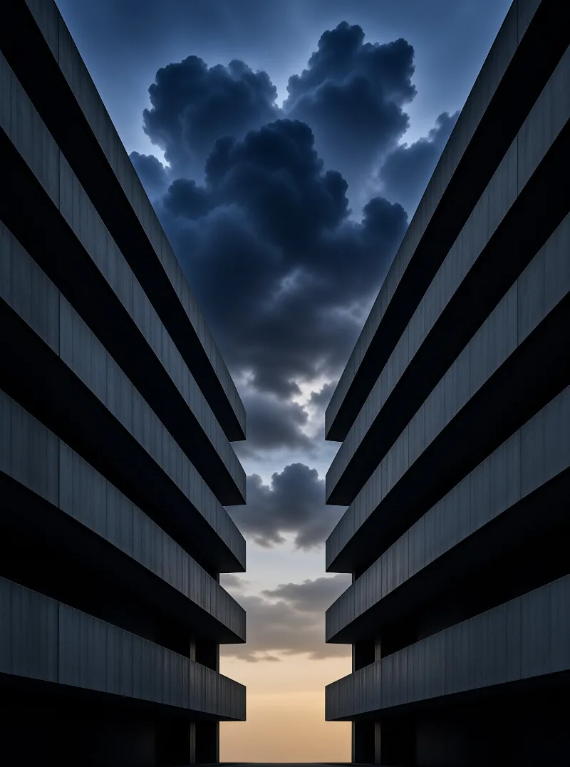 Two dark concrete blocks rise on either side, their horizontal slabs narrowing around a wedge of heavy blue evening cloud.