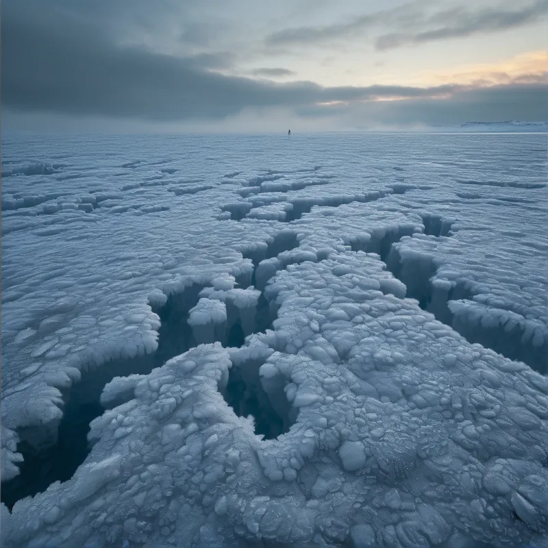 Fractured blue ice stretches toward a distant figure under a cloudy sky with orange sunset light.