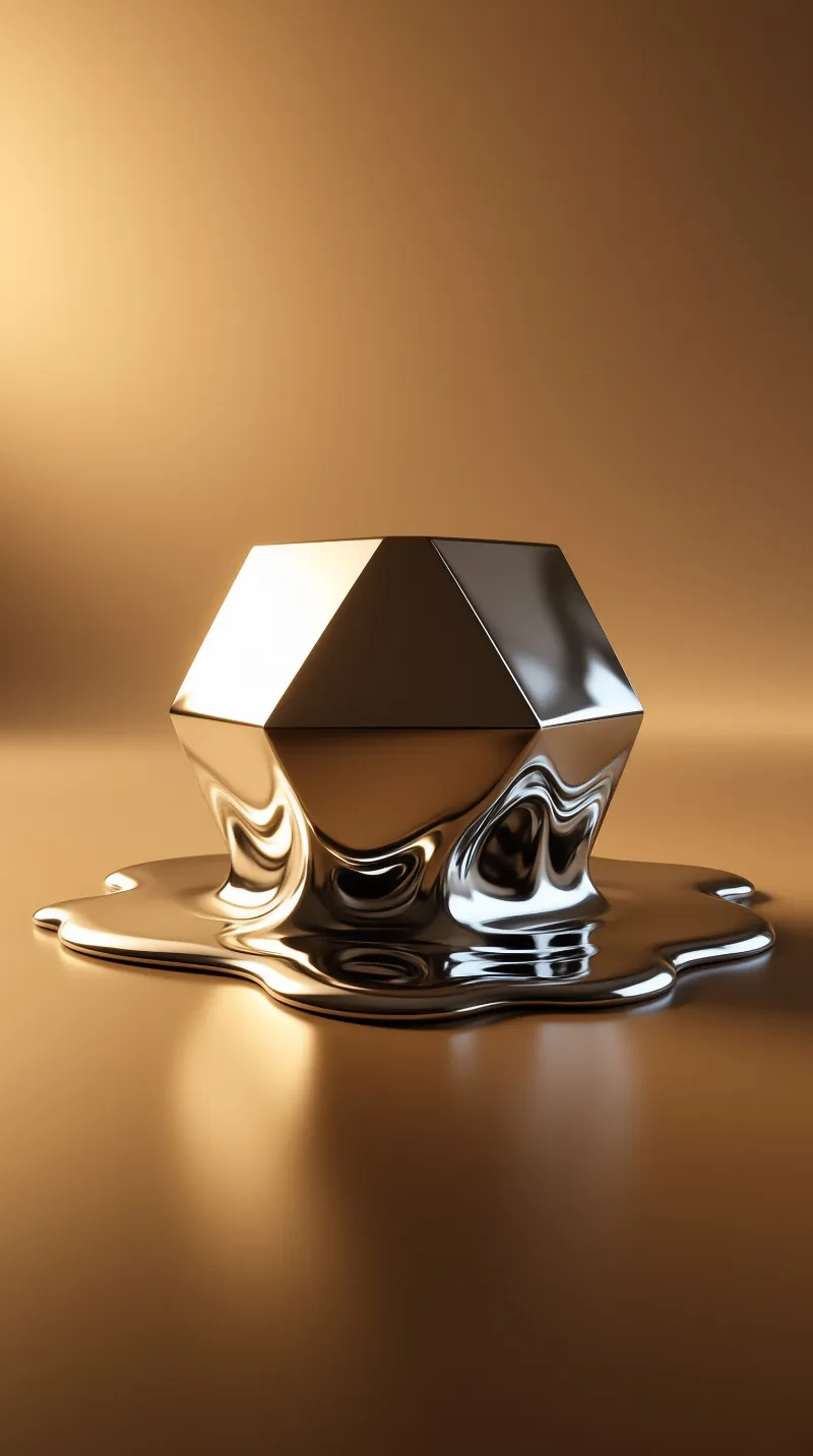 A reflective geometric object melts into a puddle on a smooth brown surface under warm studio lighting.