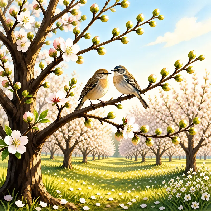 A pair of sparrows face each other on a peach blossom branch in a sunlit orchard of pink trees and grass with tiny white blooms.