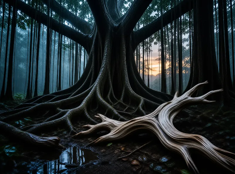 Massive dark roots of a large tree spread across the ground while a soft orange sunset glows through the tall trees.