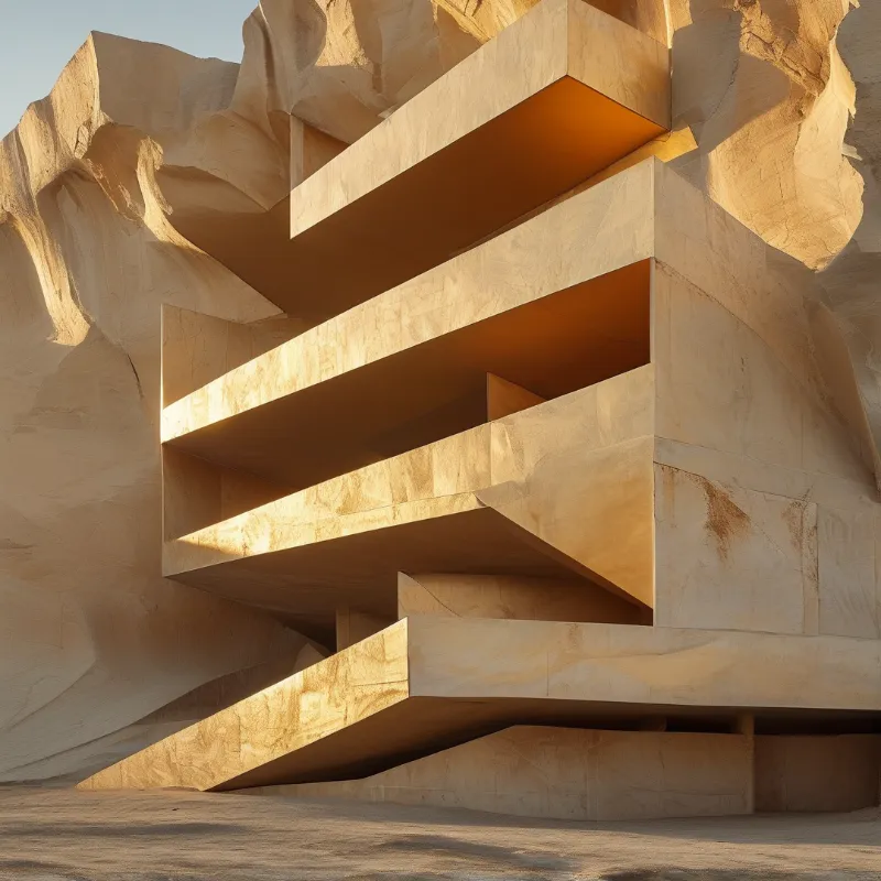 A modern geometric building with cantilevered floors is embedded within a rugged sandy rock face under bright sunlight.