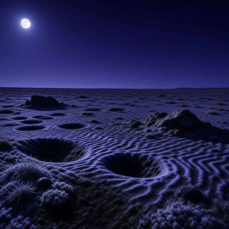 A vast landscape of rippled terrain stretches toward the horizon under a deep blue night sky where a bright full moon hangs high in the upper left corner casting long shadows across the uneven ground which is dotted with dark rocks and patches of dry grass.