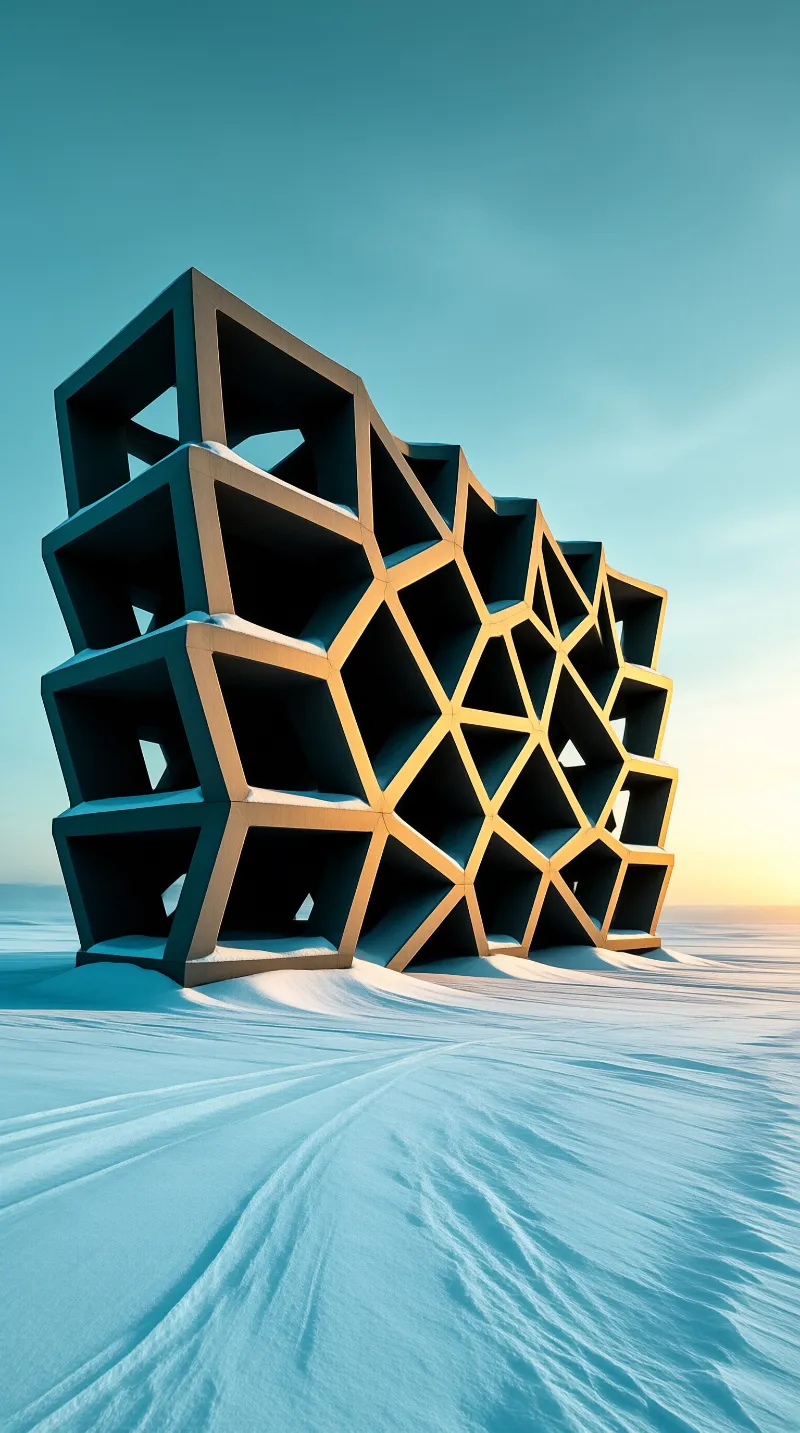 A massive geometric concrete framework stands isolated on a rippled snowy plain under a bright sunrise sky.