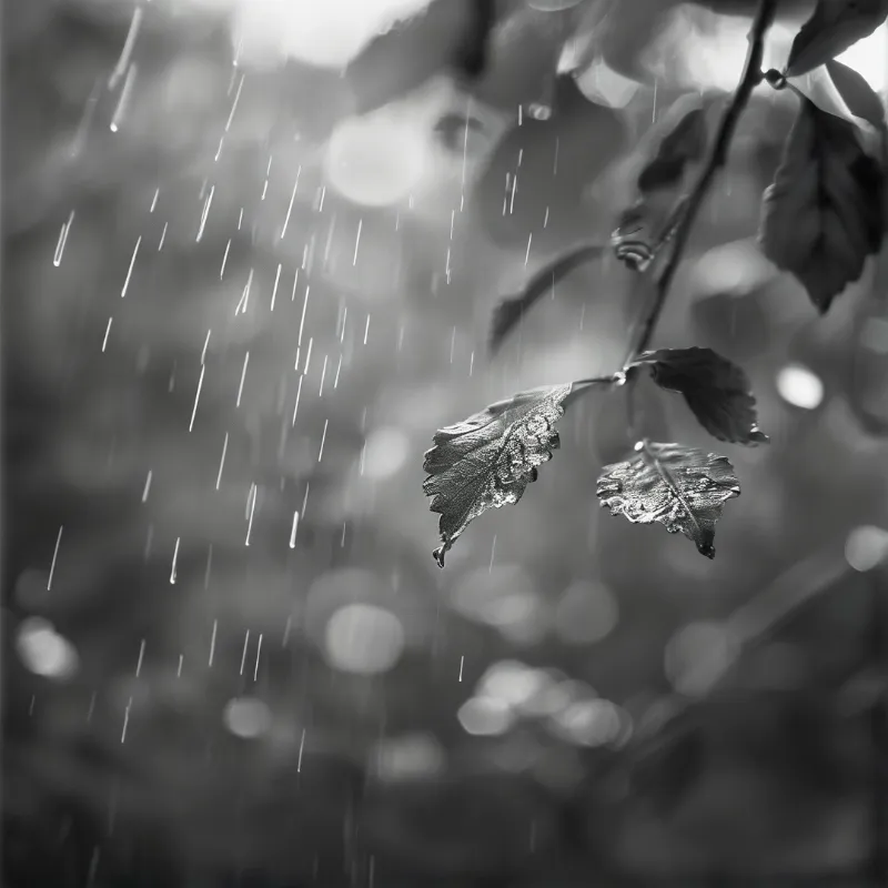 Monochrome image of rain droplets falling past wet leaves with blurred bokeh highlights in the background